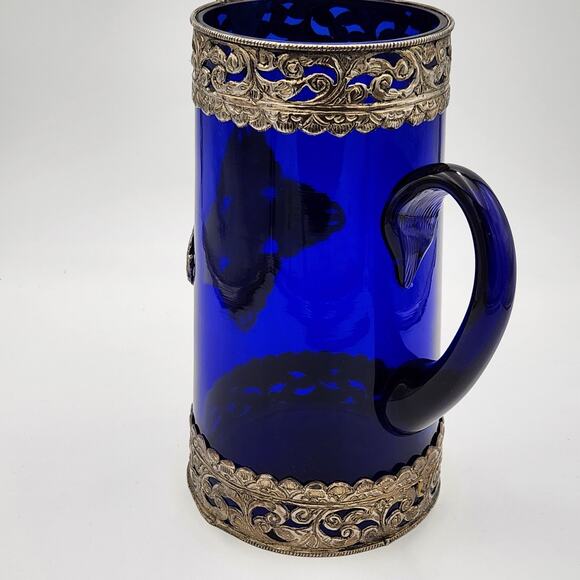 Cobalt Blue Pitcher with Silver Toned Filigree - Picture 9 of 15